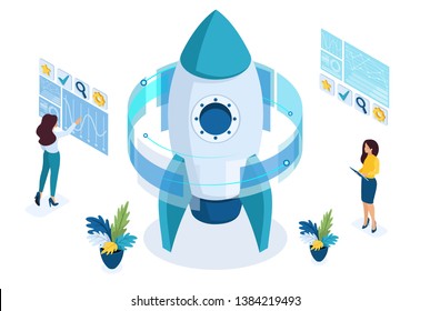 Isometric start up of a business project, a businesswoman working on a virtual screen. Concept for web design.