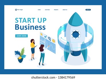Isometric start up of a business project, a business woman working on a virtual screen. Template landing page.