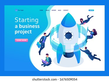 Isometric start up a business project, working on a virtual screen. Landing page concepts and web design.