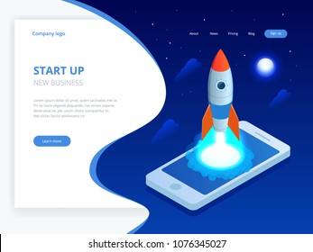 Isometric Start up concept. Income and success. Rocket flying out of laptop screen on blue background. Project development. Isometric Start up concept. Income and success. Rocket flying out of laptop screen on blue background. Project development.