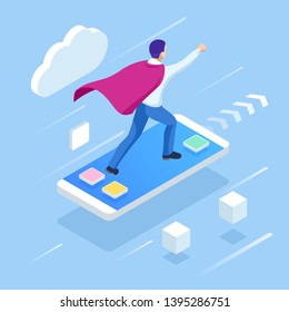 Isometric Start up concept. Income and success. Project development. Mobile apps