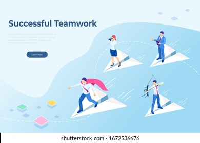 Isometric Start up concept. Income and success. Project development. Mobile apps. Successful teamwork page concept. Office workers planing business mechanism