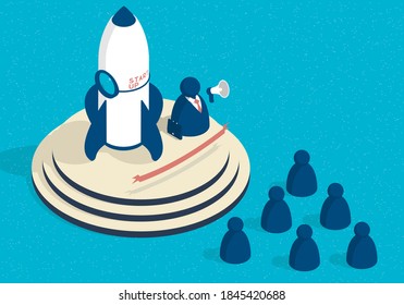 Isometric start up illustration with rocket and abstract businessman