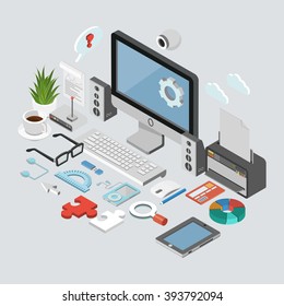 Isometric startup concept. Flat poster with business infographic. Vector illustration