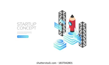 Isometric startup concept, pencil rocket, business concept