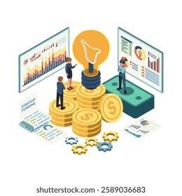 Isometric Startup Funding and Financial Planning with Business People. Startup Funding and Venture Capital Funding Concept