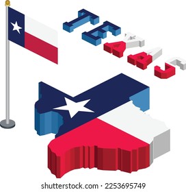 Isometric State of Texas With Name and Flag