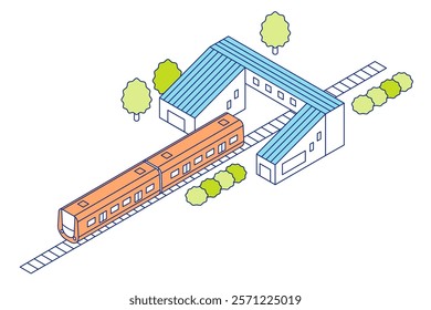 Isometric station and train; illustration of a railroad with a two-car train parked inside the station building.