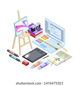 Isometric stationery and drawing tools isolated on white background. Vector art tools, brushes, paints, sketchbook illustration. Education isometric art tool, stationery brush and paint