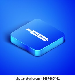 Isometric Stationery knife icon isolated on blue background. Office paper cutter. Blue square button. Vector Illustration
