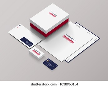 Isometric Stationery Mockup With Logo Template. Vector illustration.