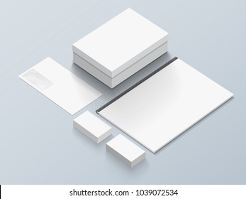 Isometric Stationery Mockup With Logo Template. Vector illustration.