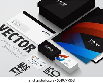 Isometric Stationery Mockup With Logo Template For Your Presentation. Set Of Envelope, Box, Business Cards, Credit Card, Blank, Folder etc. Abstract vector logo of shapes in synergy