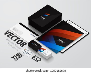 Isometric Stationery Mockup With Logo Template For Your Presentation. Set Of Envelope, Box, Business Cards, Credit Card, Blank, Folder etc. Abstract Vector Logo Of Shapes In Synergy