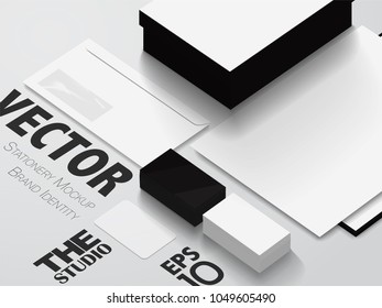 Isometric Stationery Mockup For Your Presentation. Set Of Envelope, Box, Business Cards, Credit Card, Blank, Folder etc. 