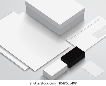 Isometric Stationery Mockup For Your Presentation. Set Of Envelope, Box, Business Cards, Credit Card, Blank, Folder etc. 