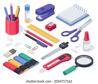 Isometric stationery. School supplies glue, notebook, material, pen, scissors, stapler, ruler, eraser. Office tools and equipment vector set for education. Stationers shop accessories