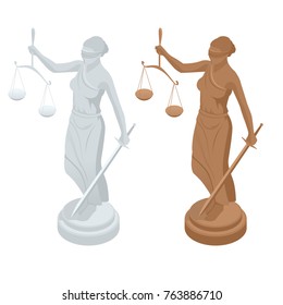 Isometric statue of god of justice Themis or Femida with scales and sword. Symbol of law and justice. Flat icon vector illustration