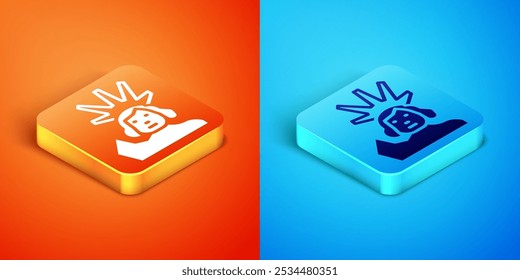 Isometric Statue of Liberty icon isolated on orange and blue background. New York, USA.  Vector