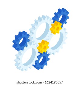 Isometric ste of gears and cogs isolated on white. Eight gear sign icon on background