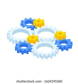 Isometric ste of gears and cogs isolated on white. Eight gear sign icon on background