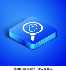 Isometric Steak meat in frying pan icon isolated on blue background. Blue square button. Vector Illustration
