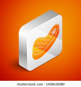 Isometric Steak meat icon isolated on orange background. Silver square button. Vector Illustration