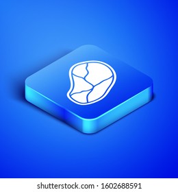 Isometric Steak meat icon isolated on blue background. Blue square button. Vector Illustration