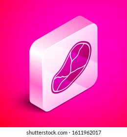 Isometric Steak meat icon isolated on pink background. Silver square button. Vector Illustration