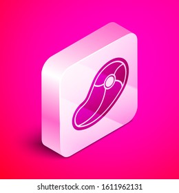 Isometric Steak meat icon isolated on pink background. Silver square button. Vector Illustration