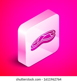 Isometric Steak meat icon isolated on pink background. Silver square button. Vector Illustration