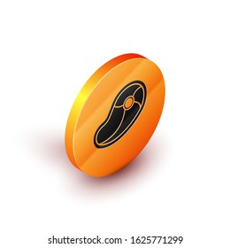 Isometric Steak meat icon isolated on white background. Orange circle button. Vector Illustration
