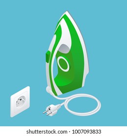 Isometric steam iron and power socket on blue background.