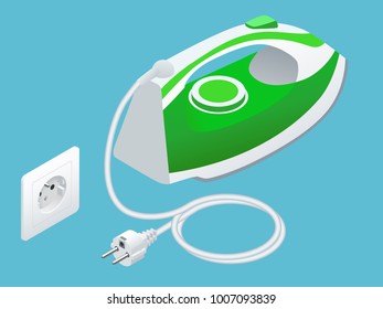 Isometric steam iron and power socket on blue background.