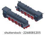 Isometric steam locomotive. Vintage black steam locomotive train on railway.