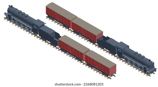 Isometric steam locomotive. Vintage black Steam locomotive with wagons