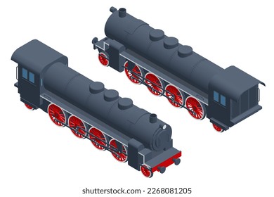 Isometric steam locomotive. Vintage black steam locomotive train on railway.