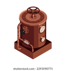 Isometric steampunk machinery element with valve pipes and gauge meters 3d vector illustration