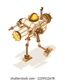 Isometric steampunk robot or fighting machine with intricate devices, pipes on two legs.