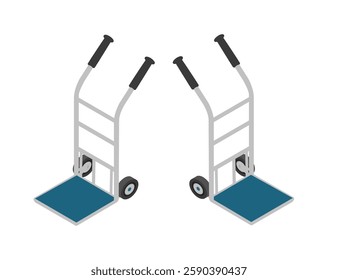 Isometric steel platform warehouse cart. Metal wheeled trolley. Brown dolly cart. Metal L-shaped moving equipment. Logistics warehouse equipment. Vector illustration isolated on white background.