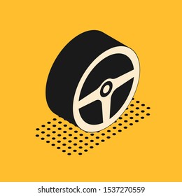 Isometric Steering wheel icon isolated on yellow background. Car wheel icon.  Vector Illustration