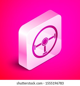 Isometric Steering wheel icon isolated on pink background. Car wheel icon. Silver square button. Vector Illustration