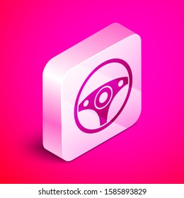 Isometric Steering wheel icon isolated on pink background. Car wheel icon. Silver square button. Vector Illustration