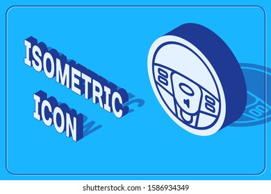 Isometric Steering wheel icon isolated on blue background. Car wheel icon.  Vector Illustration