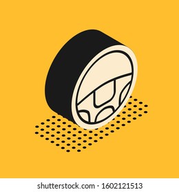 Isometric Steering wheel icon isolated on yellow background. Car wheel icon.  Vector Illustration