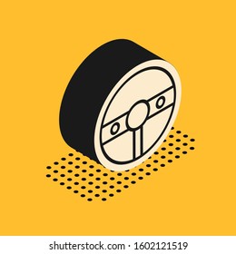 Isometric Steering wheel icon isolated on yellow background. Car wheel icon.  Vector Illustration