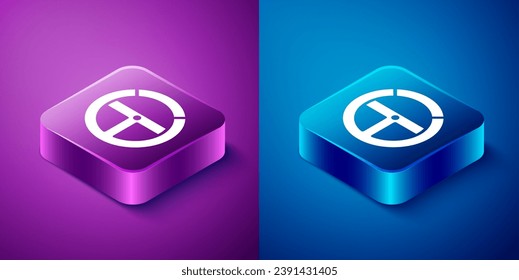 Isometric Steering wheel icon isolated on blue and purple background. Car wheel icon. Square button. Vector Illustration