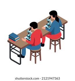 Composición de educación de tallos isométricos con imagen aislada de escritorio con microscopios e ilustración de vector infantil
