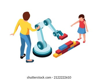 Isometric stem education composition with isolated characters of kid adult and arm manipulator with bricks vector illustration