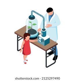 Isometrische Stammbildungszusammensetzung mit isolierten Charakteren von Kindern und Wissenschaftlern, die Pflanzen in der Zwiebel, Vektorgrafik